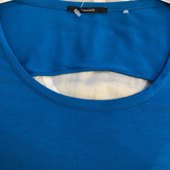 Stylish blue Women’s Top Tahari Brand stretch short sleeved crew neck open back - Picture 7 of 12
